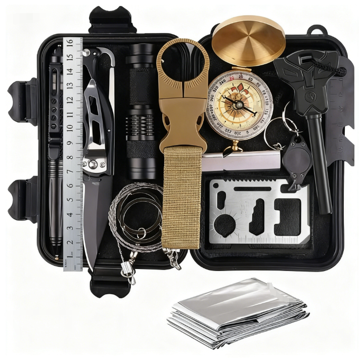 Survival kit with various tools including a knife, flashlight, and compass in a black case.