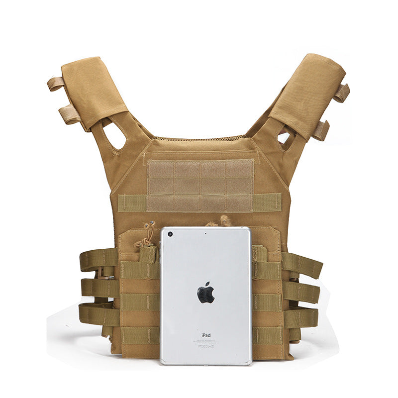 Tan tactical vest with an iPad inside on a white background