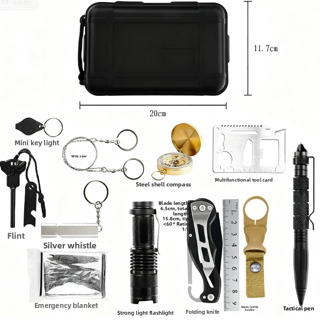 Collection of survival tools with black case and measurements on a white background
