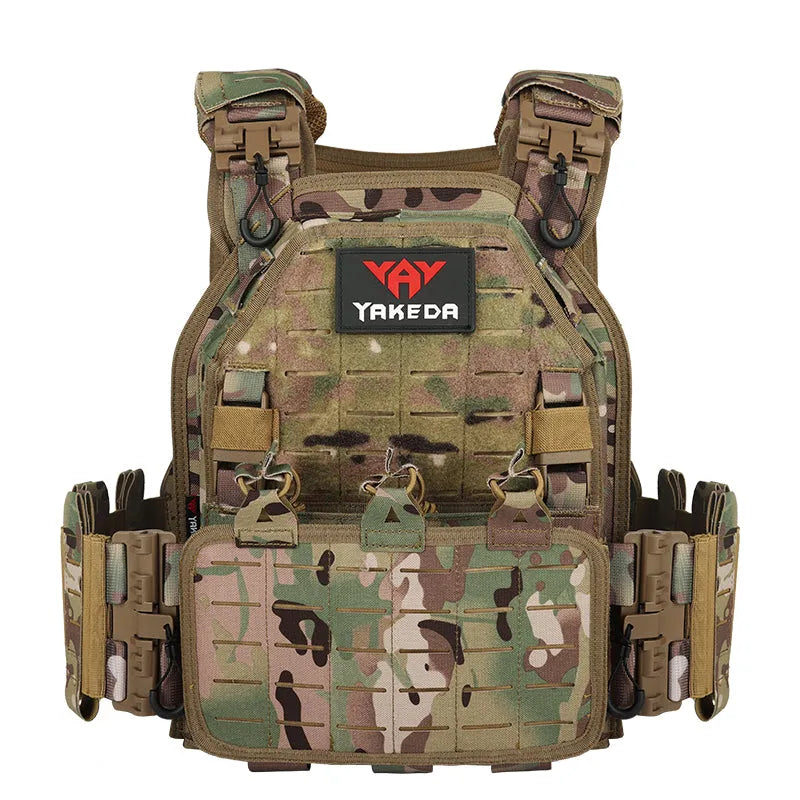 Camouflage tactical vest with Yakeda logo on a white background