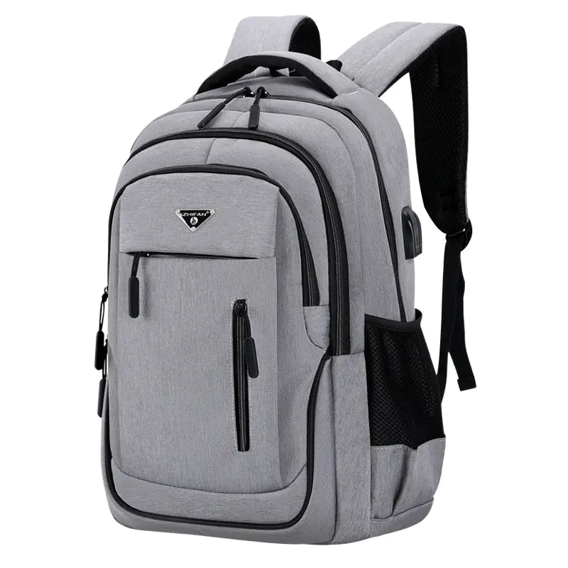 Gray backpack with black accents on a white background