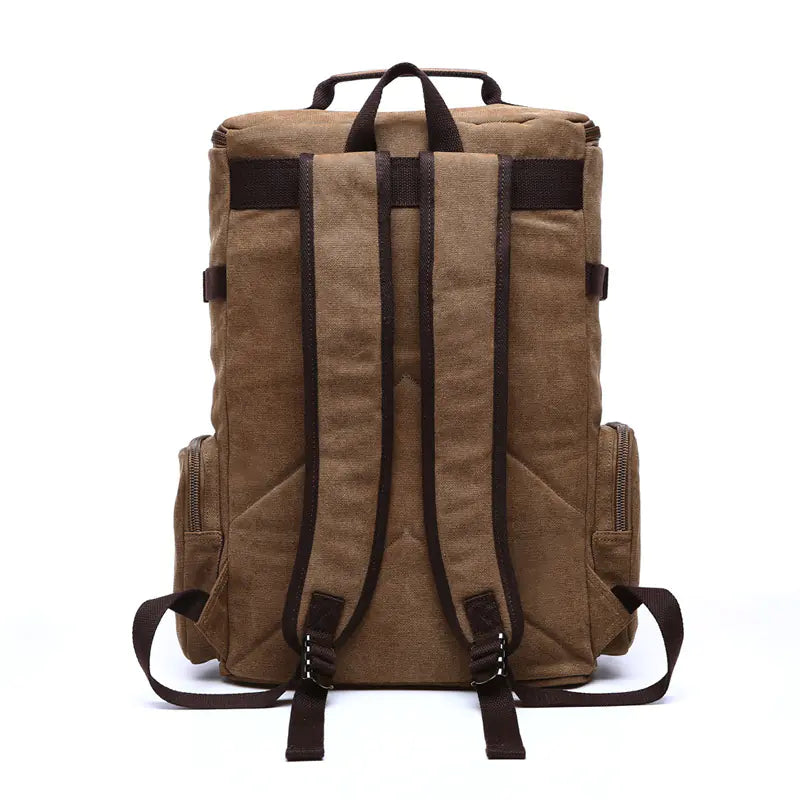 Brown backpack with black straps on a white background